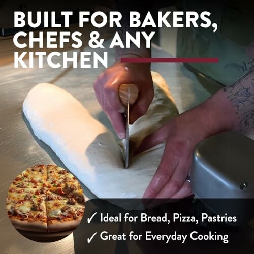 Person cutting dough with a pizza image and text about its kitchen use.
