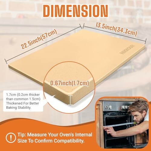 Dimensions of a baking stone with thickness for oven compatibility.