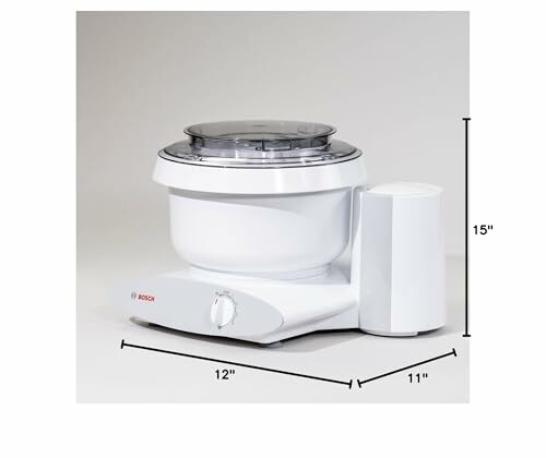 A Bosch kitchen mixer with dimensions indicated, showcasing its sleek design and sturdy build.