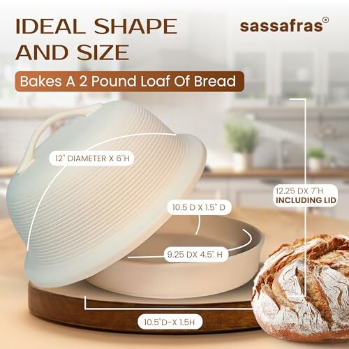Bread cloche with dimensions and loaf of bread.