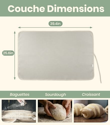 Dimensions of a baking couche with images of baguettes, sourdough, and croissant preparation.