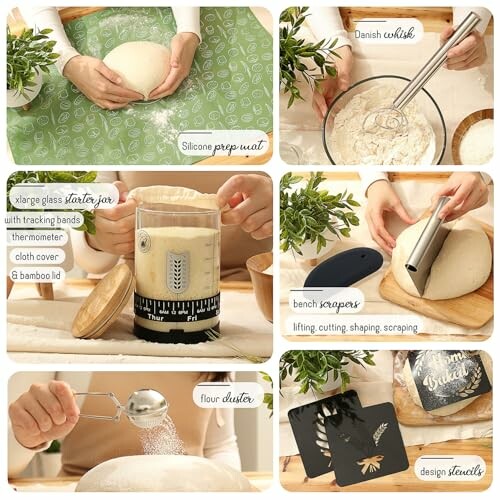 Collage of bread baking tools including silicone mat, Danish whisk, starter jar, bench scraper, flour duster, and design stencils.