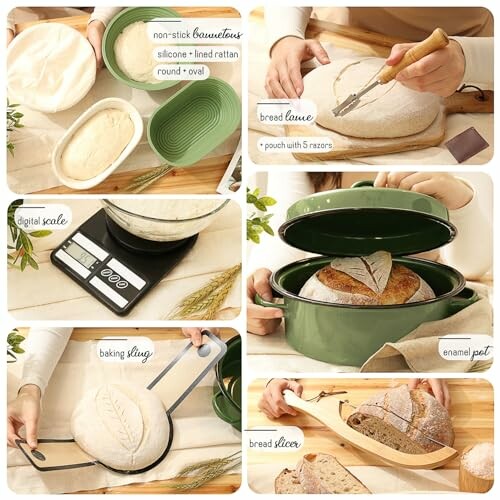 Collection of bread baking tools including bannetons, bread lame, digital scale, baking sling, and bread slicer.