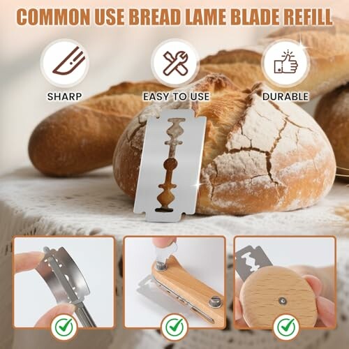 Bread lame blade with bread and usage icons.