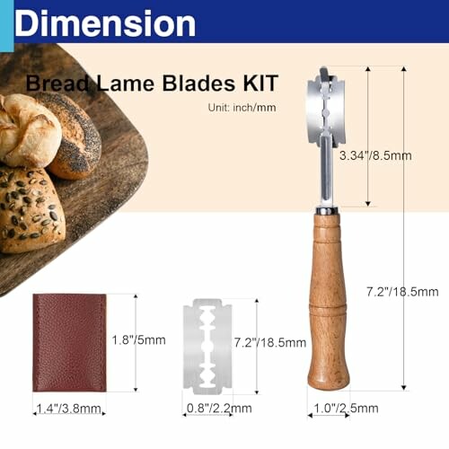 Bread lame blades kit with dimensions and wooden handle.