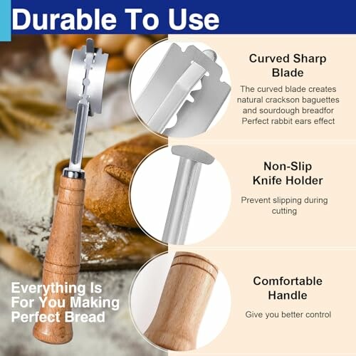 Bread lame cutter with curved sharp blade, non-slip holder, and comfortable handle.