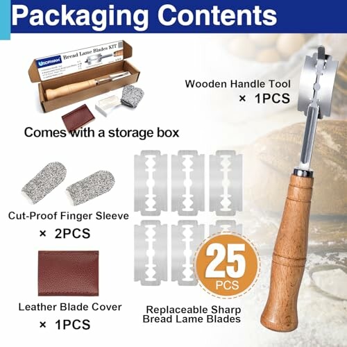 Bread lame kit with wooden handle, blades, sleeve, and cover.