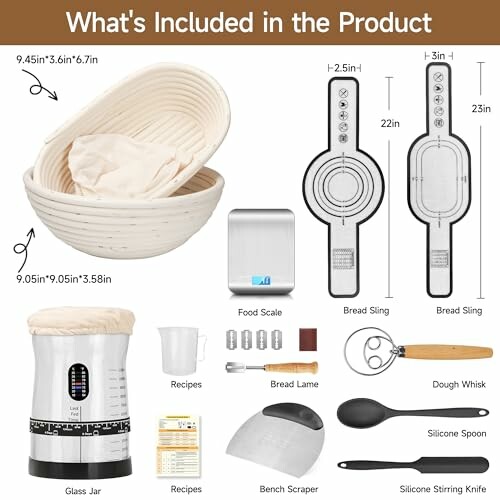Contents of a bread making kit including banneton, bread sling, food scale, glass jar, recipes, dough whisk, bench scraper, silicone spoon, and knife.