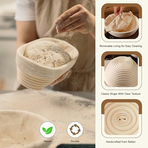 Person using a rattan bread proofing basket with dough and removable linen liner.