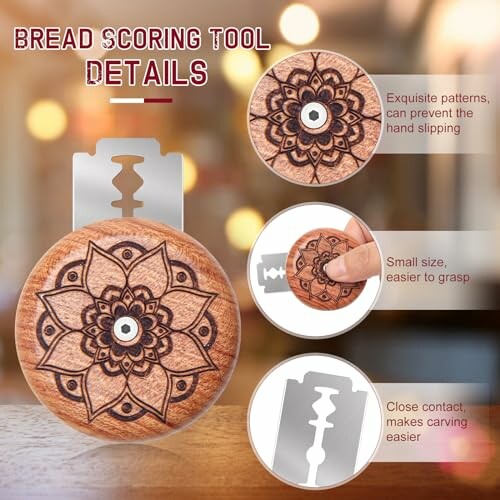 Decorative bread scoring tool with intricate patterns and razor blade.
