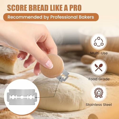 Hand scoring bread dough with a specialized tool, showing features like multi-use, food grade, stainless steel.