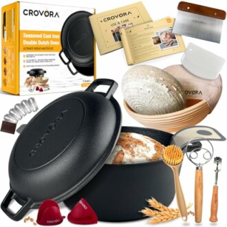 Cast iron Dutch oven bread making kit with various baking tools.