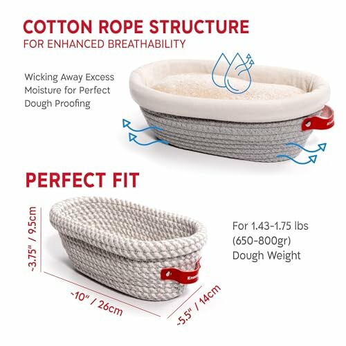Cotton rope bread basket with dimensions and features.
