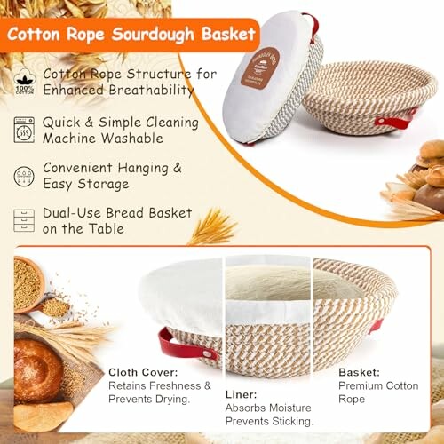 Cotton rope sourdough basket with features and benefits.