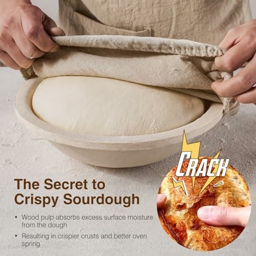 A person uncovering dough in a bowl with text about making crispy sourdough.