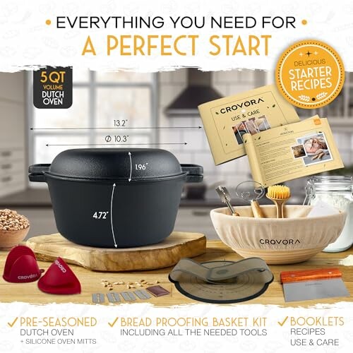 Crovora Dutch oven baking kit with recipe booklet and accessories.