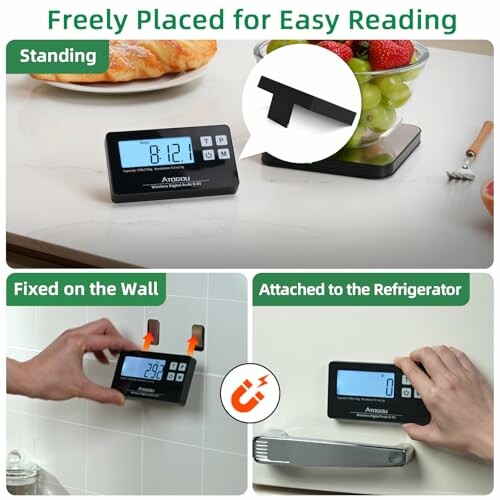 Digital clock with versatile placement options on counter, wall, and refrigerator.