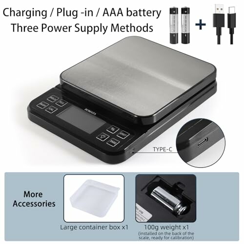 Digital kitchen scale with three power supply methods and accessories.