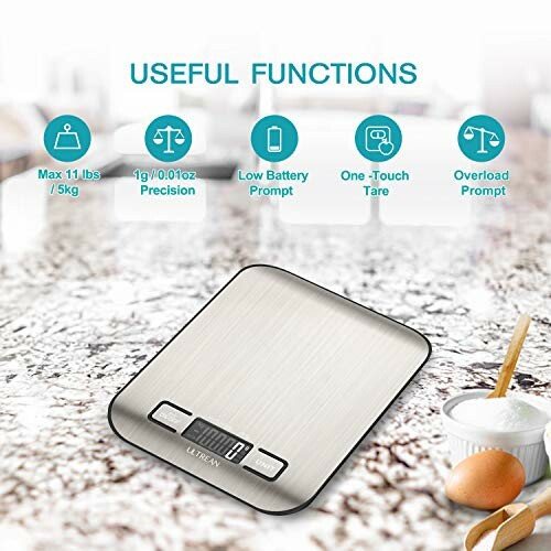Digital kitchen scale with useful functions on a kitchen counter.