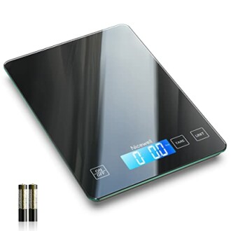 Digital kitchen scale with batteries included.