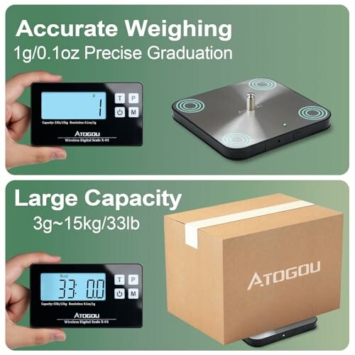 Digital scale featuring accurate weighing and large capacity with a box on top.