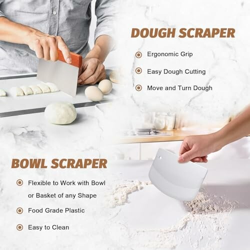 Dough and bowl scrapers with features listed.