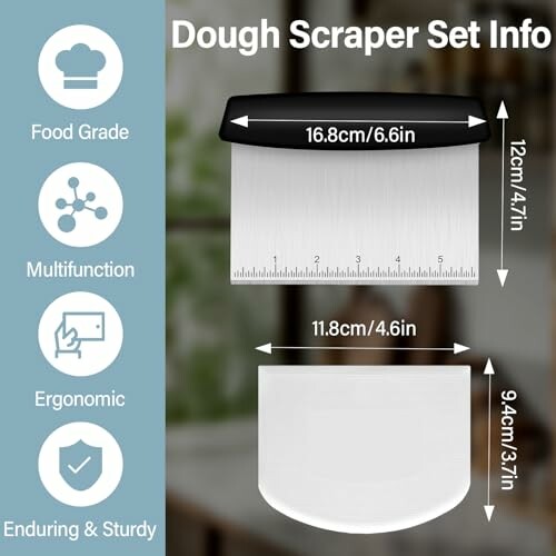 Dough scraper set with sizes and features.