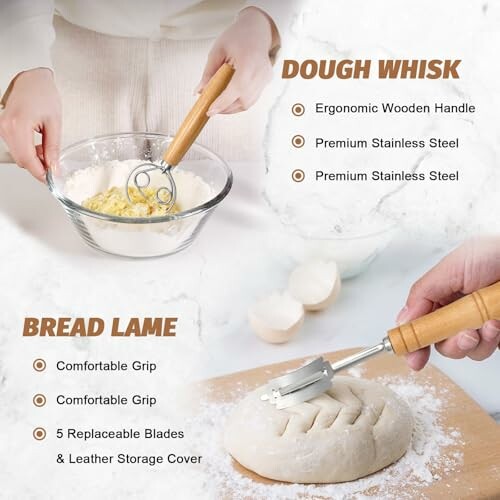 Dough whisk and bread lame with ergonomic handles and stainless steel features.