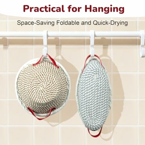 Two collapsible strainers hanging on hooks.