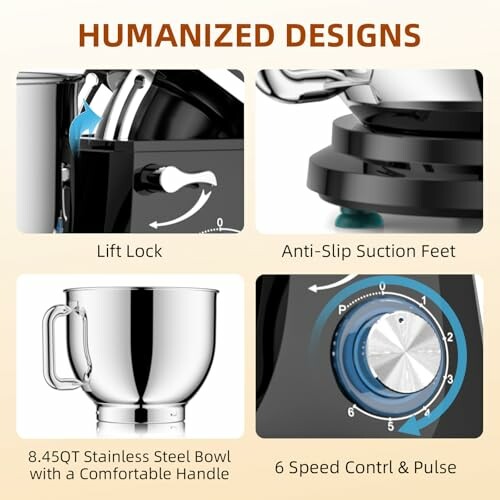 Four features of a kitchen mixer: lift lock, anti-slip suction feet, stainless steel bowl with handle, and 6-speed control with pulse.