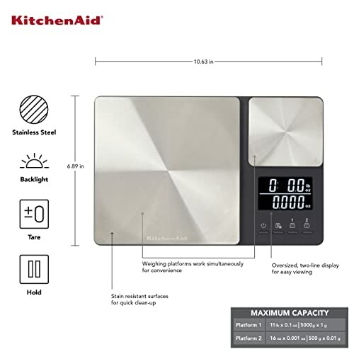 KitchenAid digital kitchen scale with dual platforms and backlit display.