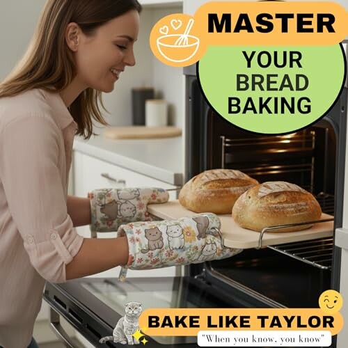 Person placing freshly baked bread into an oven.