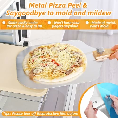 Metal pizza peel with a pizza, promoting mold resistance and easy use.