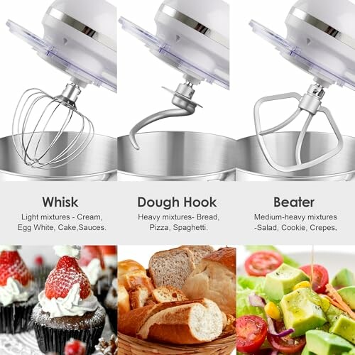 Mixer attachments: whisk, dough hook, beater with corresponding foods.