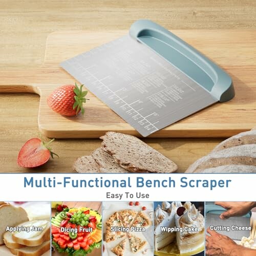 Multi-functional bench scraper with measurement markings on a wooden cutting board, surrounded by bread, strawberries, and food examples.