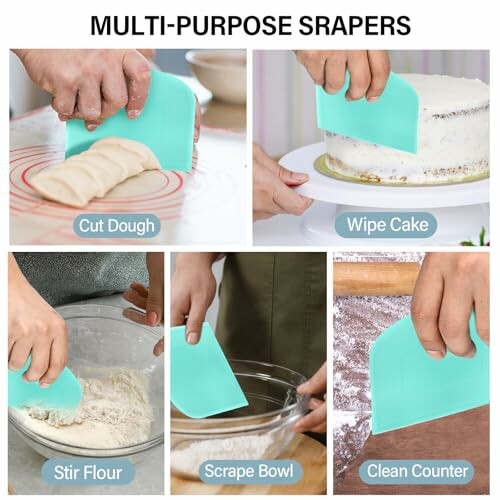 Various uses of multi-purpose scrapers in kitchen tasks.