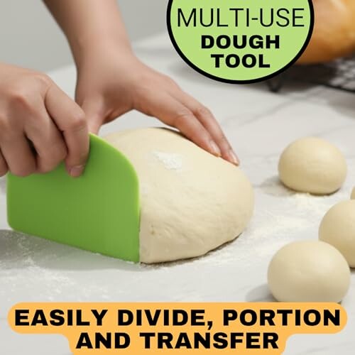Person using a green dough scraper on dough balls.