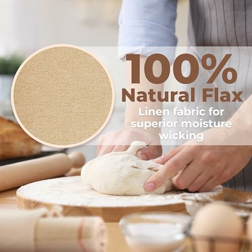 Person kneading dough with natural flax linen fabric text overlay.