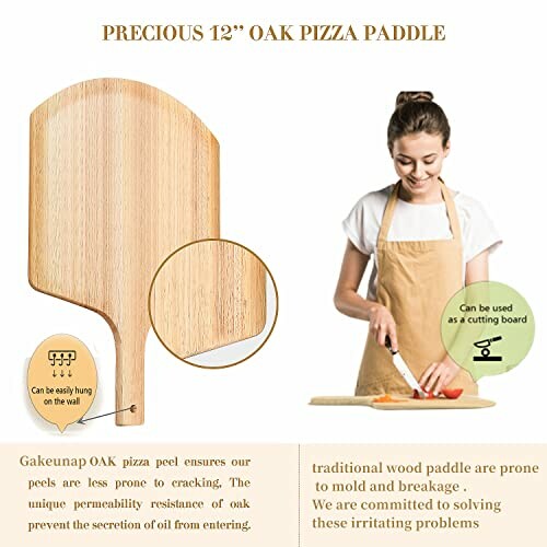 Woman using oak pizza paddle as a cutting board.