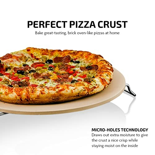 Pizza on a baking stone with text about perfect crust and micro-holes technology.