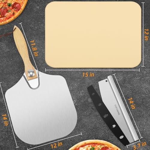 Pizza baking set with stone, peel, and cutter.