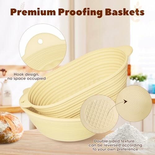 Stacked premium proofing baskets with hook design and double-sided texture.