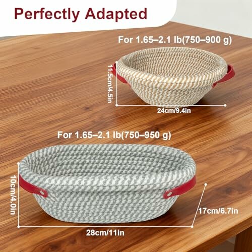 Two proofing baskets on a wooden table with size details.