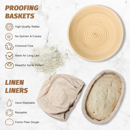 Rattan proofing baskets and linen liners with features listed.