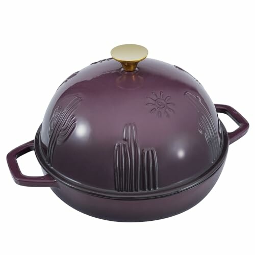 Purple Dutch oven with embossed lid and handles