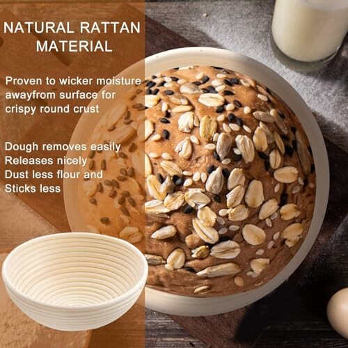 Bread in a rattan proofing basket with text about its benefits.