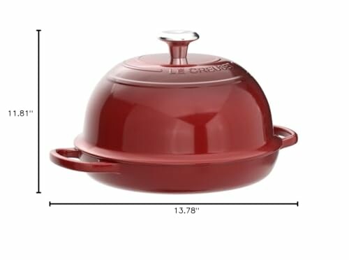 Red Dutch oven with lid, showing dimensions.