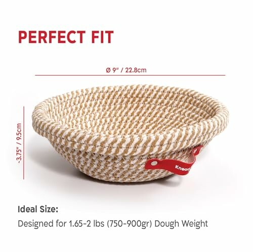 Round woven bread proofing basket with size dimensions.
