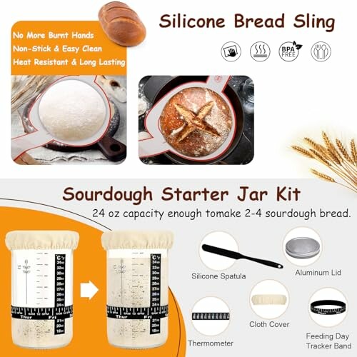Silicone bread sling and sourdough starter jar kit with accessories.