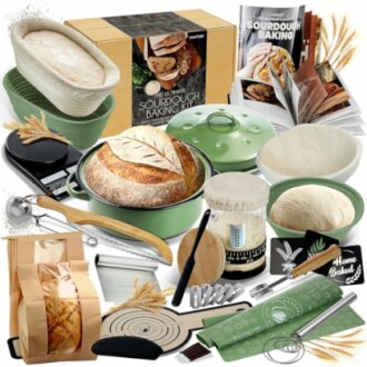 Sourdough baking kit with tools and ingredients.